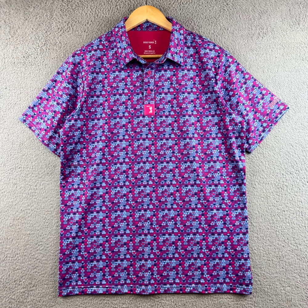 Bogey Bros Mens Golf Polo Shirt Purple Pink Geometric Scale Print Size Small